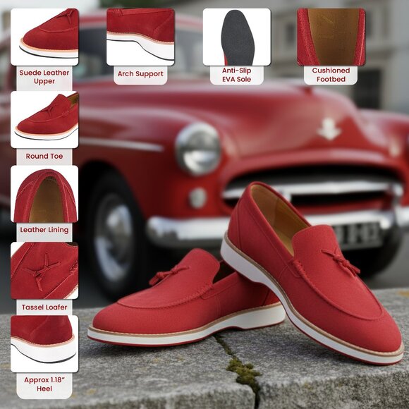 LIBERTYZENO Men\'s Genuine Red Suede Leather Loafers Tassels Slip-On Tuxedo Shoe main image 6